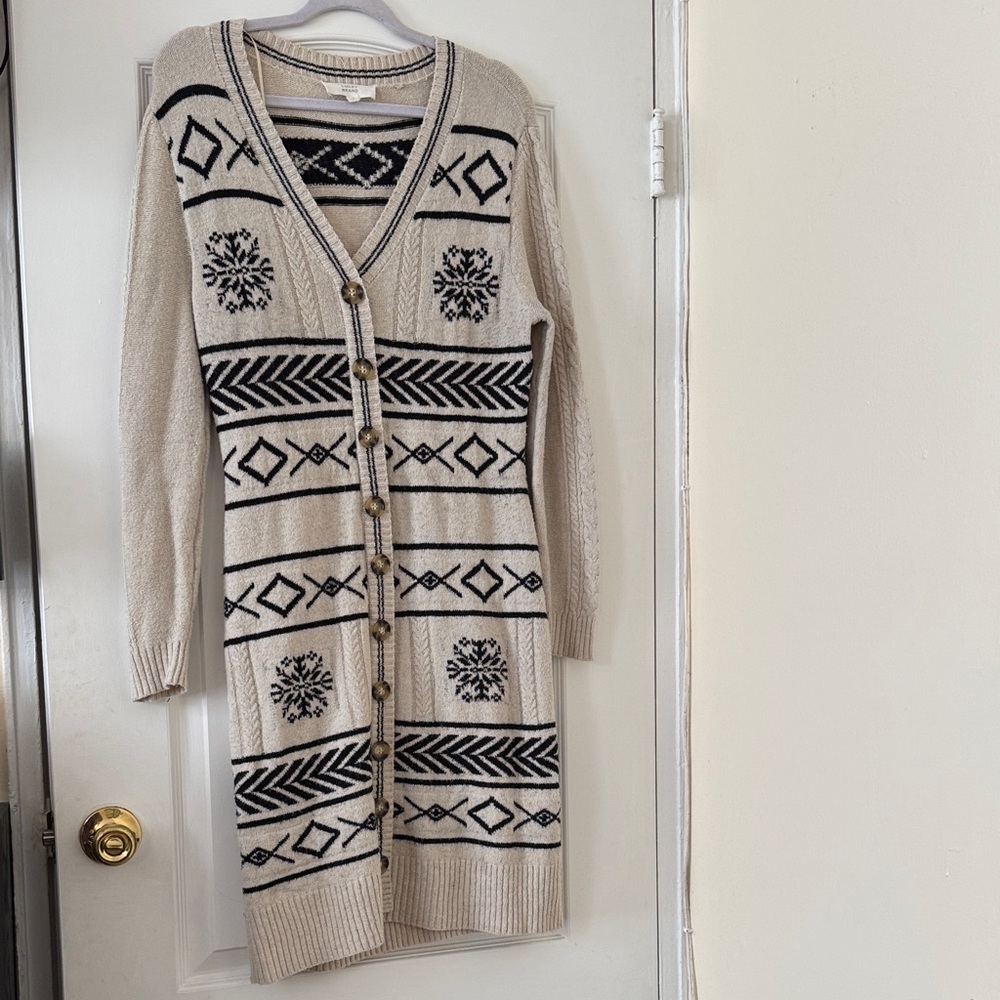 Long Beige Knit Cardigan Dress with Black Fair Isle Motif
